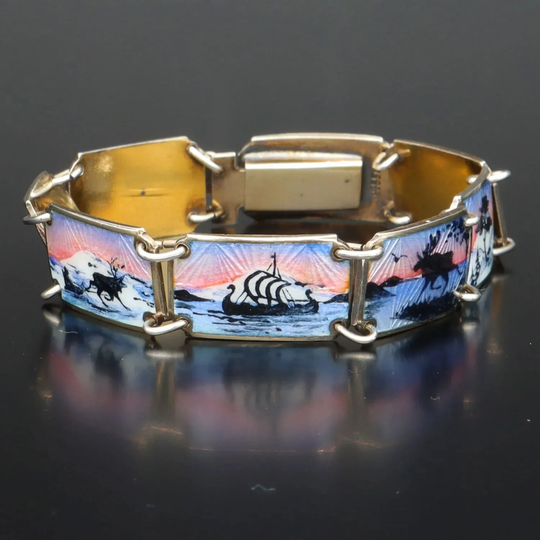 Edvin Kristiansen & Lande Bracelet - Norwegian Vermeil Sterling Silver Hand-Painted Guilloche Enamel Nordic Scenes Free Delivery