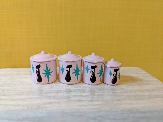112 Scale Dollhouse Miniature Mid Century Pink Canister Set With Black Cat & Turquoise Starbursts