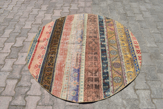 5x5 Round Vintage, Oushak Rug, Handmade 4x4 Rug, 4x4 Circular Rugs, Turkish Rug Round, Turkey Rug, Home Decor, Rugs, 4'9x4'9 Ft, 473-B