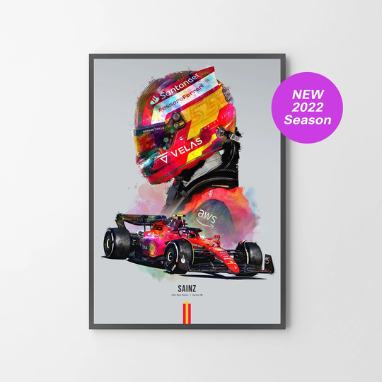 Carlos Sainz Jr 2022 F1-75 Ferrari Car & Helmet Poster Print | Illustration | Unframed