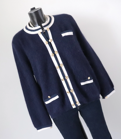 Vintage Wool/Silk Cardigan - Collarless Jacket Style Blue L UK 14