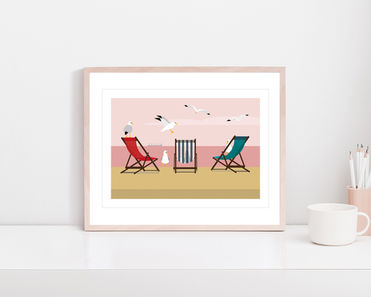 Deckchairs Print, Beach Themed Decor, Seaside Picture, Blush Pink Wall Art, Seagull Art For Kids, Children's Bedroom Fun Prints