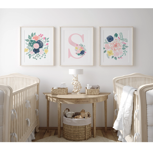 Floral Nursery Decor, Monogram, Watercolor Flowers, Baby Girl Wall Art, Monogram Print, Blue & Pink