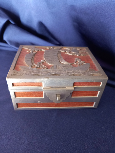 Jewellery Box, Casket, Oriental Chinese Gone Lonkee Pewter, Vintage Decor, Room Gift