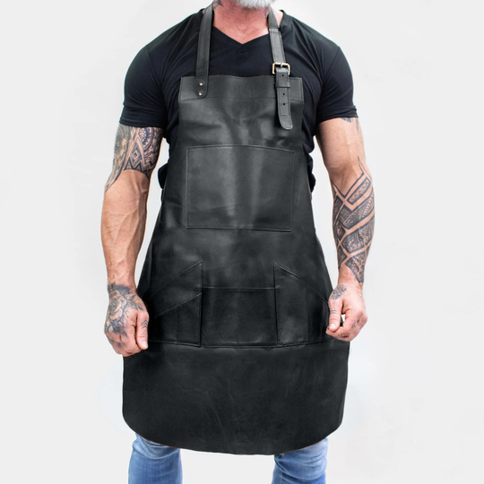 Distressed Multi-Pocket Leather Apron - Black Full Grain Butchers For Hobbyists Woodwork Blacksmith With Pockets By Mahi