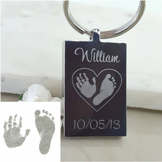 Baby Footprint Keychain, Engraved Keepsake Ornament, Personalised Keyring, Handprint Kit, Customised New Born Gift, Celebration Item