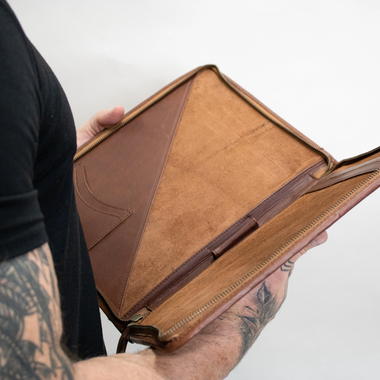 Personalized Brown Full Grain Leather Portfolio Case With Zip | Business Padfolio For A4 Documents Work Folio Document Holder By Mahi
