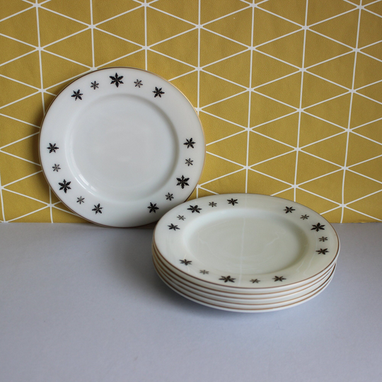Vintage Mid Century Set Of 6 Jaj Pyrex White/Black Gaiety Snowflake Kitsch Retro Opal Glass 8.5