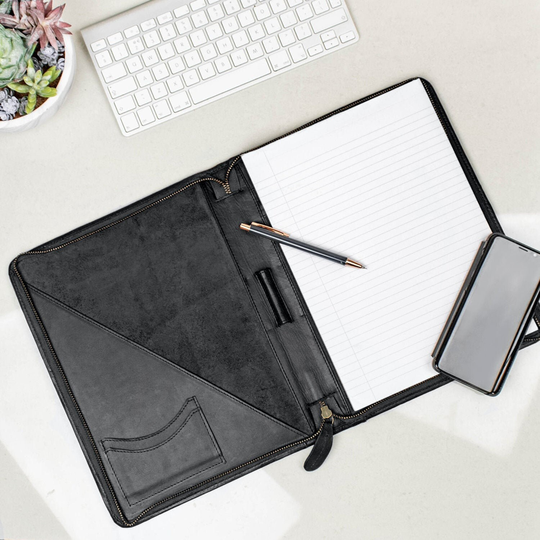 Personalized Black Full Grain Leather Portfolio Case With Zip | Business Padfolio For A4 Documents Work Folio Document Holder By Mahi