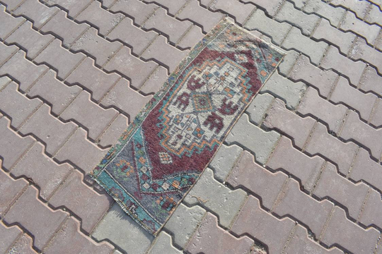 1x3 Small Size Rug, 1x3 Turkish Blue Rug, 1x3 Vintage Rug, Handmade Rug, Oushak Wool Small Rug, Doormate Rug, Antique Rug, 1'1x3'0 Ft, 641-K