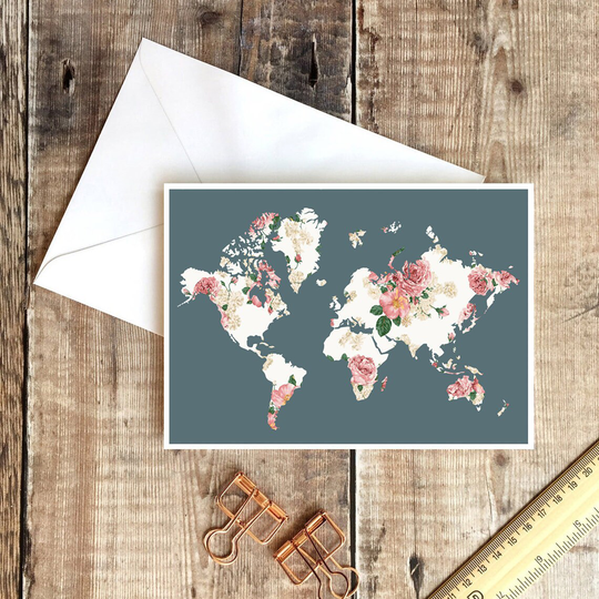 World Map Card, Travel Good Luck Gap Year, Holiday Blank Birthday Pretty Greetings Card Set, Floral