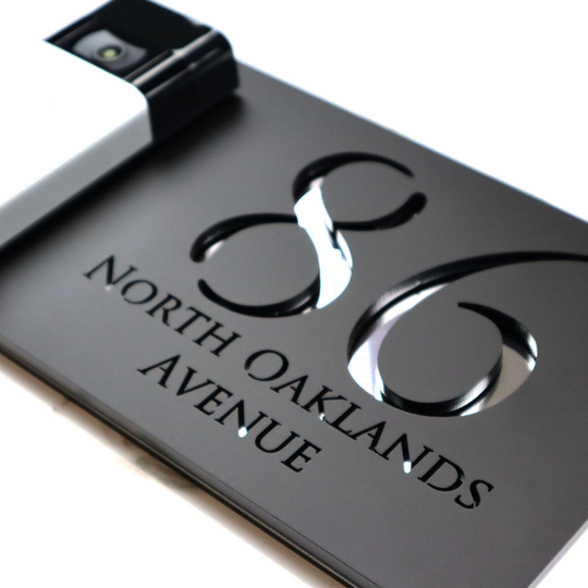 K Smart Sign | Bellissima Db Ring Nest Video Wifi Doorbell Laser Cut Matt Black & Silver Mirror Floating House