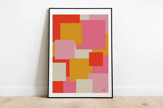 Pink Multi-Coloured Squares Graphic Print Wall Art, Art Poster, Pattern Three Piece Set, Set Of Prints, Colourful Prints