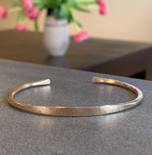 Solid Gold Chunky Hand Forged & Planished Open C Cuff Bracelet, 18K Or 14K Yellow Gold, 8 Gauge 3mm Round Wire, Women's Men's Unisex