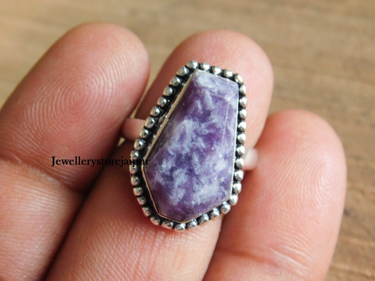 Natural Lepidolite Ring Coffin Handmade Ringgemstone Ringstatement Ringlepidolite Gemstone Jewelryboho Stone Ringblue Ring