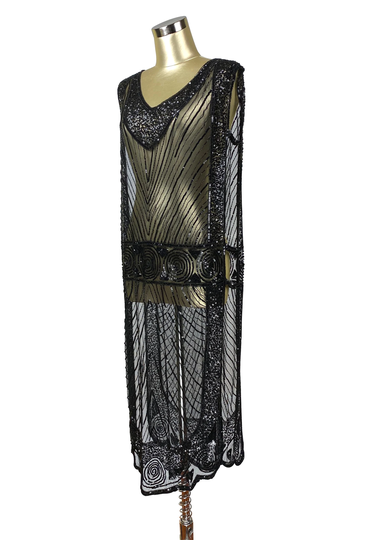 1920's Beaded Vintage Deco Tabard Panel Gown - The Modernist Black Jet