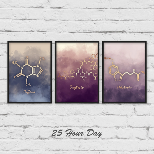 Set Of 3 Wall Art, Prints, Caffeine Molecule, Melatonin Molecule, Oxytocin Molecule Poster, Chemistry Gift, Teacher Office