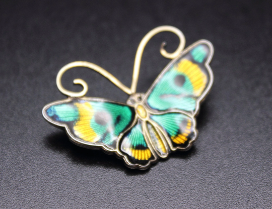 David Andersen Brooch - Vintage Norwegian Vermeil Sterling Silver & Guilloche Enamel Butterfly in Green, Yellow & Black Free Delivery