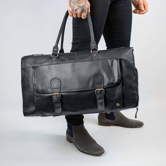 Overnight Bag With Side Shoe Compartment - Black Leather Weekender Travel Monogram Unisex Weekend Personalised Initials