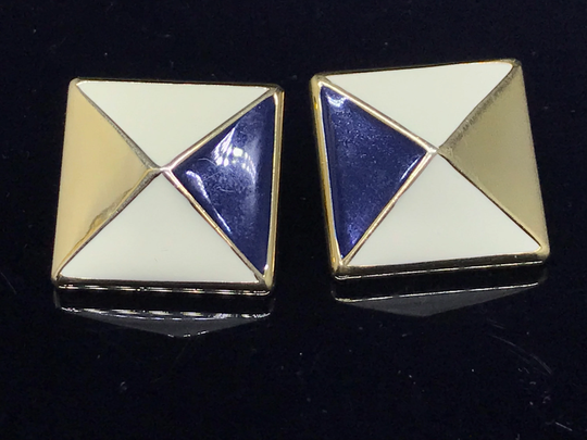 Vintage Monet Gold Square Earrings White Enamel