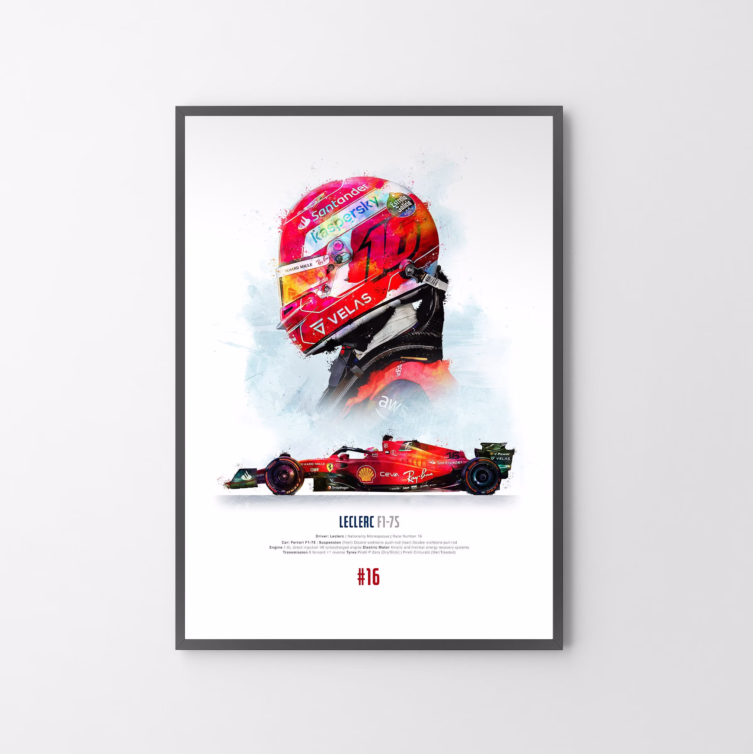 Charles Leclerc Helmet & F1-75 Formula One Car Poster Print | Art Gift Illustration | Unframed