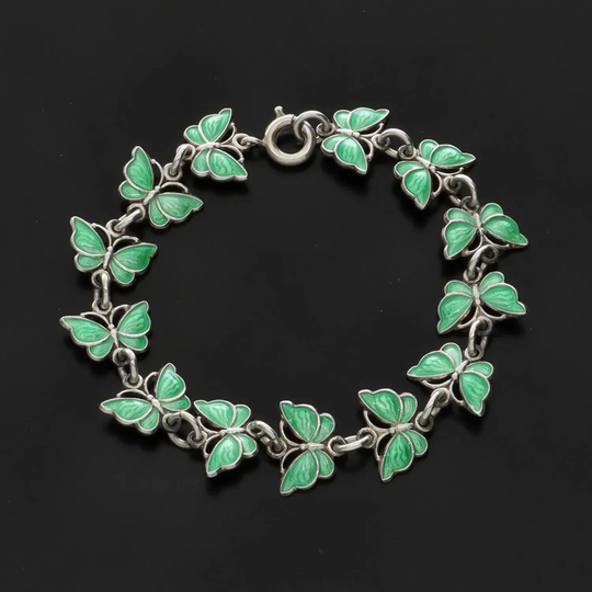Volmer Bahner Bracelet - Stunning Vintage Danish Sterling Silver & Guilloche Enamel Green Butterfly Free Delivery