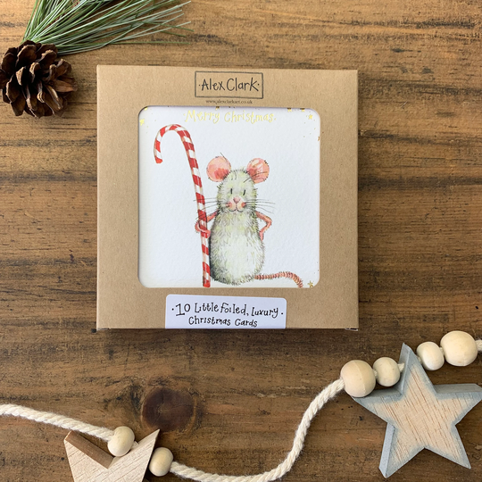 Mouse & Candy Cane Little Luxury Foil Christmas Cards Box - Pack Of 10 | xk09