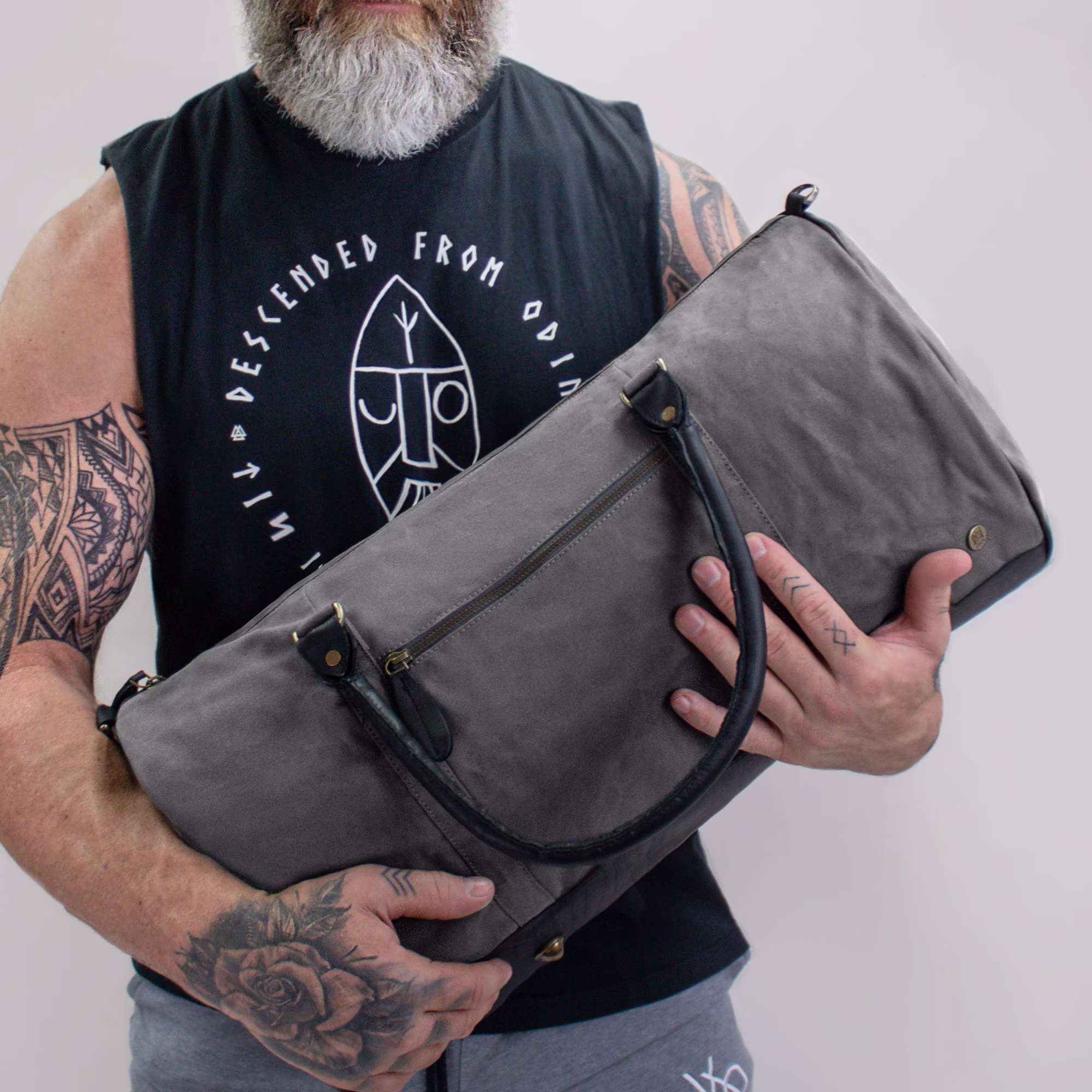 Gym Duffle Bag Handmade Grey Waxed Canvas & Black Full Grain Leather Weekend - Overnight Casual Personalised By Mahi