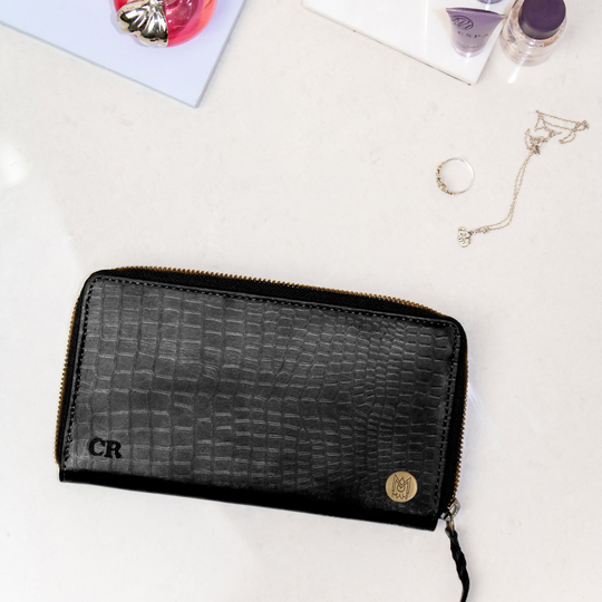 Personalized Full Grain Leather Purse/Wallet For Her Handmade in Black Crocodile Print 3rd Wedding Anniversary Gift | By Mahi