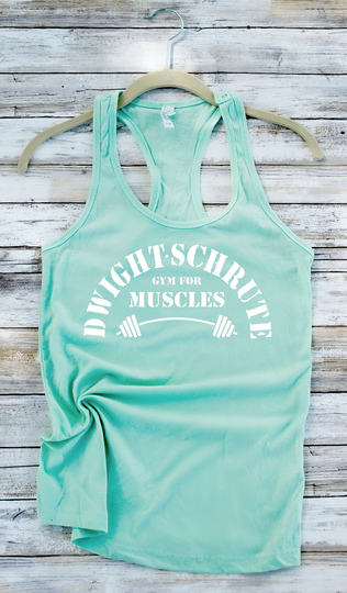 Dwight Schrute Gym For Muscles - Mint Green Tank Top Racer Back Ladies Workout Gear By Deep Tracks, The Office, Scranton