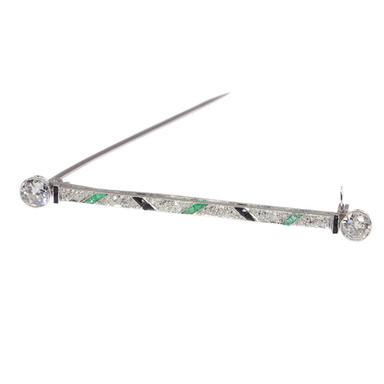 Vintage Art Deco Platinum Diamond Bar Brooch Also Set With Onyx & Emeralds, 1920S