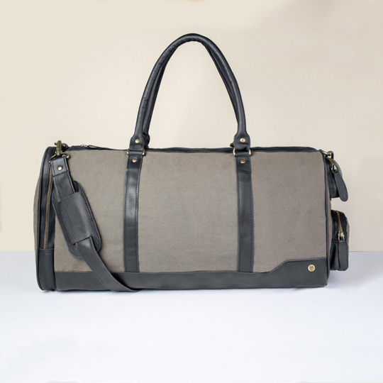 Personalized Canvas Leather Holdall/Duffle - Weekend Bag/Overnight Bag Gym Grey & Black Full Grain Handmade By Mahi