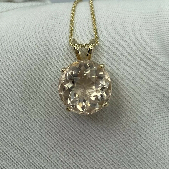 3.86 Carat Peach Pink Morganite Round Diamond Cut Yellow Gold Pendant Necklace
