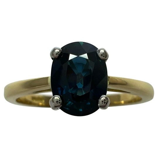 Fine 1.47Ct Teal Blue Sapphire Oval Cut 18K Yellow & White Gold Solitaire Ring