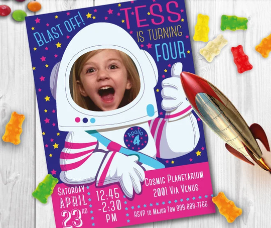 Space Birthday Party Invitation For Girl Or Boy - Personalized With Your Photo Digital File