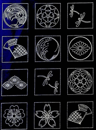 24 Japanese Crests Sashiko Panel in Indigo Blue - 29" X 44