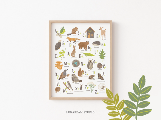 Kids Alphabet Art Print - Woodland Animals, Nature Abc Poster, Forest Nursery Decor, Neutral Art, Baby Shower Theme Gift