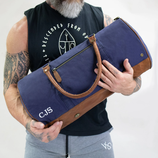 Gym Duffle Bag Handmade Navy Blue Waxed Canvas & Brown Full Grain Leather Weekend - Overnight Casual Personalised By Mahi