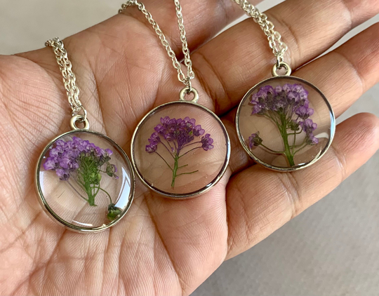 Tiny Purple Wild Flowers Necklace | Handmade Jewellery Silver Plated Gift Her Birthday Minimalist Modern Real Country Nature