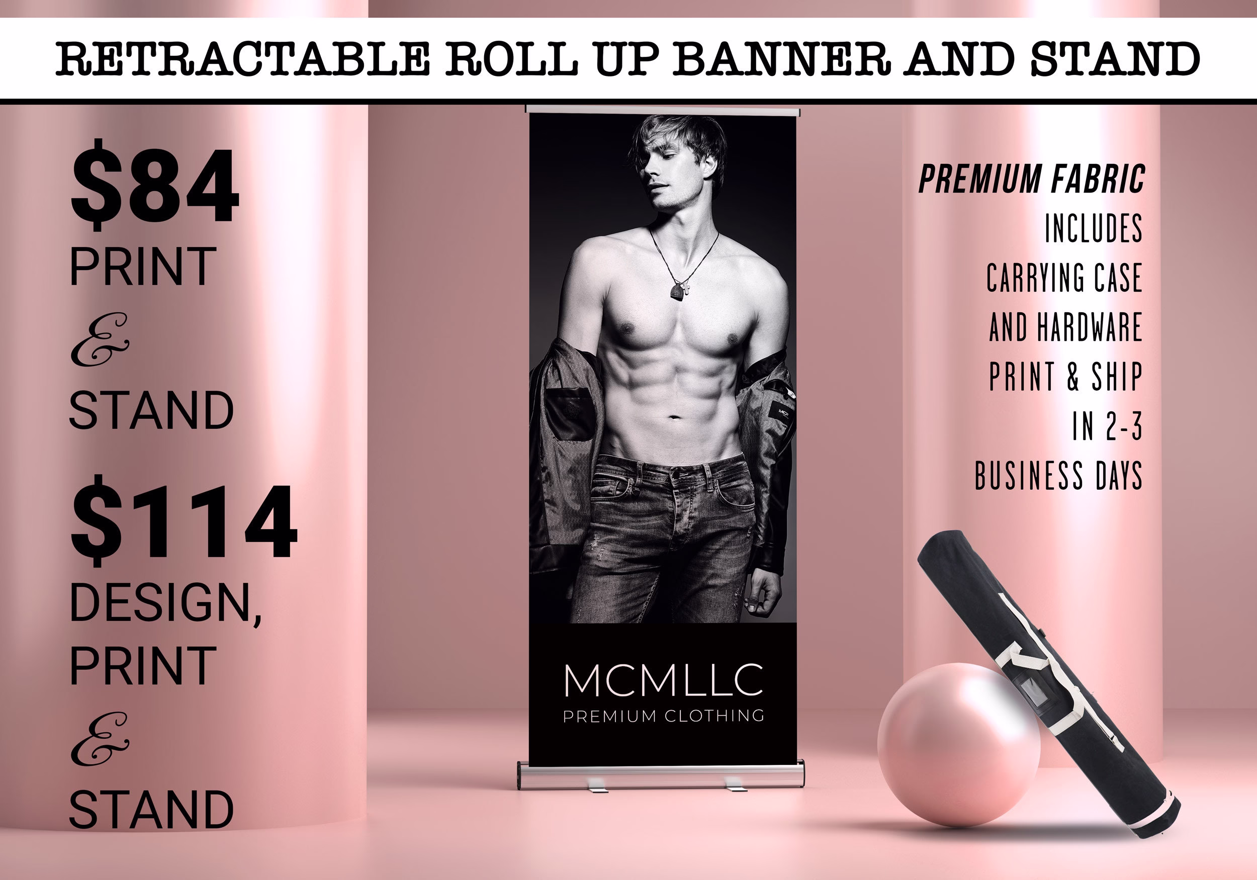 Banner Stand & Carrying Case - 33x81 Inches Premium Fabric Printed Roll Up Retractable