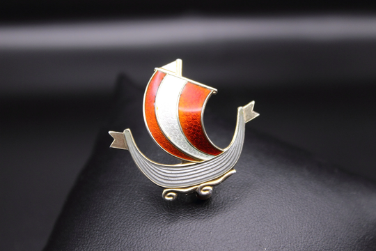 Aksel Holmsen Brooch - Norwegian Vermeilled Sterling Silver & Guilloche Enamel Boat Free Delivery