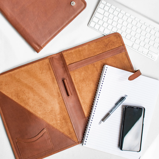 Personalized Brown Full Grain Leather Portfolio Padfolio Folder For A4 Document & Notepad Holder | Business Work Folio Organizer By Mahi