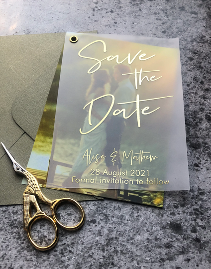 Vellum Photo Foil Save The Date , Wedding Save Dates. Rose Gold Silver