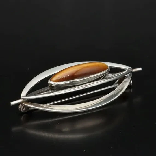 Elis Kauppi For Kupittaan Kulta - Vintage Finnish Sterling Silver & Tigers Eye Brooch C.1969 | Kupittaan Kulta, Finland Free Delivery