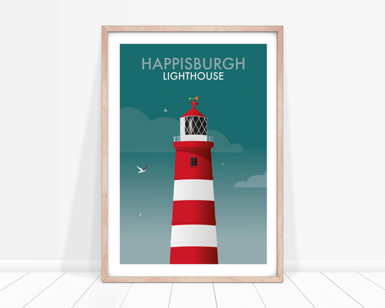 Happisburgh Lighthouse Print, Norfolk Art Red & White Stripy Lighthouse, Dark Cyan A3 A4 Print