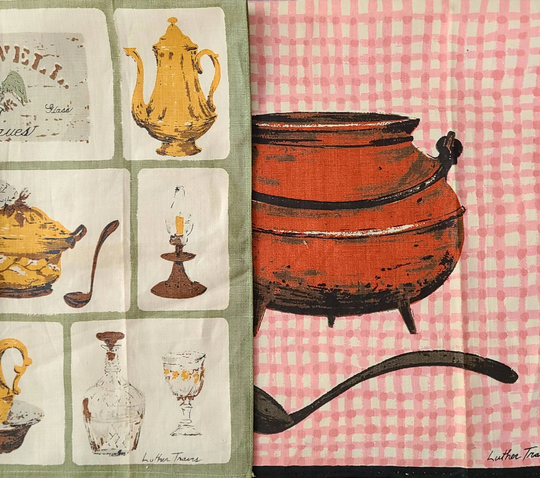 Colonial America Times, Instant Collection, Vintage Signed Luther Travis Linen Kitchen Tea Towel Table Toppers, Cream, Green, Pink & Black