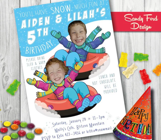 Snow Birthday Party Invitation For Two Children - Personalized With Your Photo Digital File