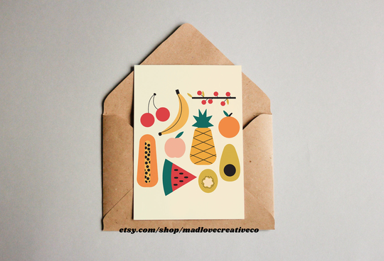 Summer Fruit Card - Lovers Gift, Quirky Food Greeting Card, Blank A2 Banana Colorful Themed Cute Fruity Friend Card