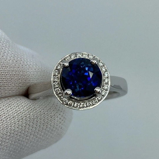 2.50Ct Carat Fine Ceylon Blue Sapphire & Diamond 18K White Gold Halo Ring