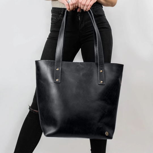 Personalized Black Leather Tote Handbag in Buffalo With Monogram Initials | Gift For Her Ladies Womens Handmade By Mahi